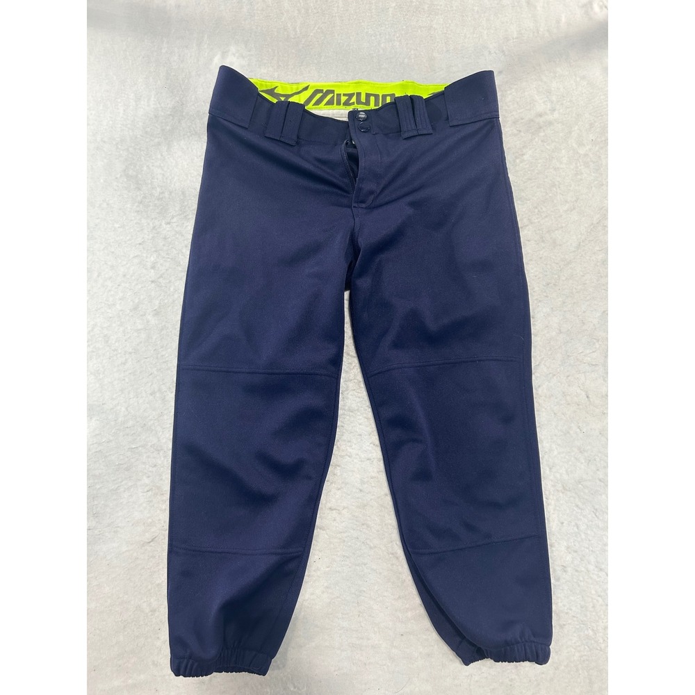 Mizuno Performance Navy Blue Baseball Pants Neon Yellow Waistband Mens Small